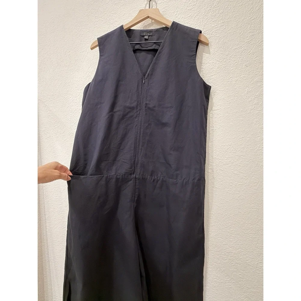 COS Linen Blend Sleeveless Wide Leg Cropped Jumpsuit Navy Minimalist Lagenlook